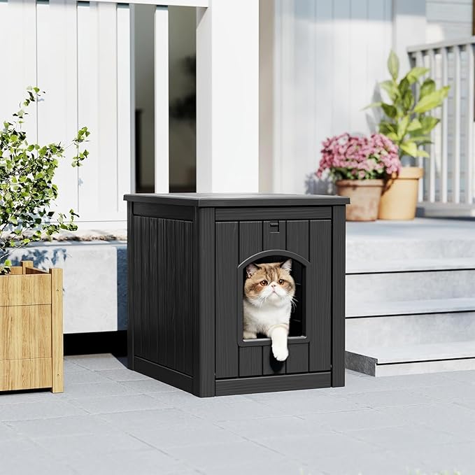 Litter Box Enclosure, Waterproof & Weatherproof Plastic Cat House for Indoor Outdoor Use, Multi-Functional Hidden Litter Box Furniture for Living Room, Backyard, Patio, Garage (Black)