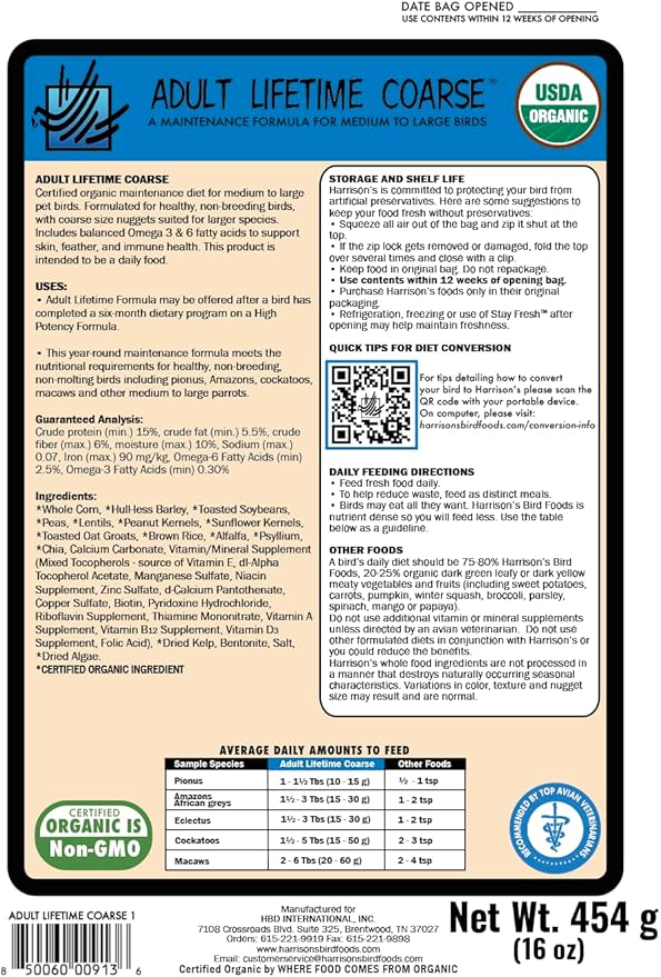 Harrison's Bird Foods Adult Lifetime Coarse Certified Organic Non-GMO Daily Maintenance Formula for Medium to Large Birds, Parrots, Cockatoos, Macaws etc, Suitable for All Life Stages, 454g / 1lb