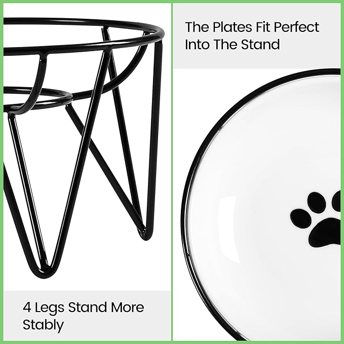 Ceramic Cat Bowls, 2 Pack - Raised, Whisker Friendly, Anti-Vomiting Cat Food Plates - Hygienic, Secure Material, Elegant Stand, 10 oz, for Indoor Cats & Kittens