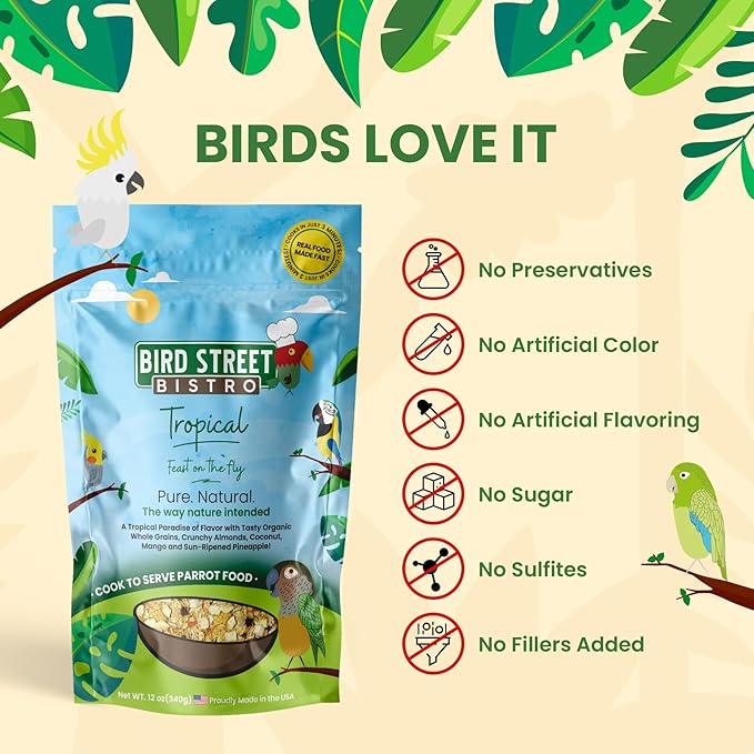 Bird Street Bistro Parrot Food for Parakeets & Cockatiels - Tropical - 18 oz - Cooks in 3-15 min, Natural Wholesome Grains, Fruits & Vegetables - USA Made