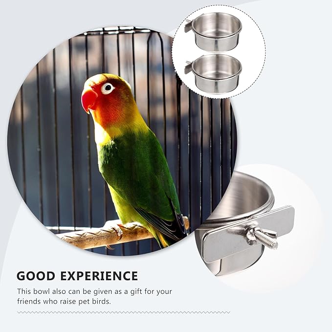 Yardwe Parrot Feeding Cups, 6pcs Stainless Steel Bird Feeder with Clamp, Bird Cage Accessory Food Dish for Cockatiel Conure Budgies Parakeet Parrot Macaw Small Animal Chinchilla