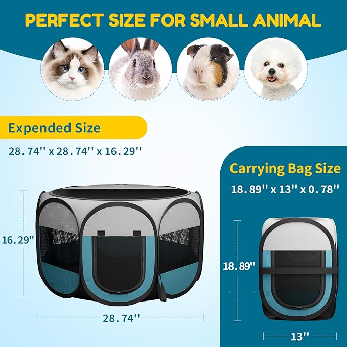Portable Cat Playpen for Indoor Enclosed: Foldable Pet Playpen for Cat Small Dog Indoor Outdoor with Zipper Top Cover - Pop Up Puppy Kitten Tent Crates Cage Kennel with Carrying Case (Blue/White)