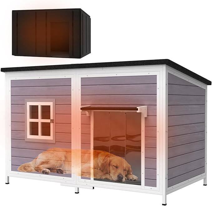 59" Outdoor Dog House with Insulated Liner, Extra Large Breed Dog Kennel, Keep Warm in Winter Outside, Easy to Install Heated Anti-Chewing Metal Frame Design for Small Medium Large Dogs