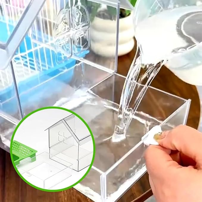 Pull-Out External Parrot Feeder, No Mess Hanging Bird Feeder for Cage, Multi-Function Transparent Bird Seed Platform Parrot Bath Tub Pet Feeding & Watering Supplies Easy to Clean (White)