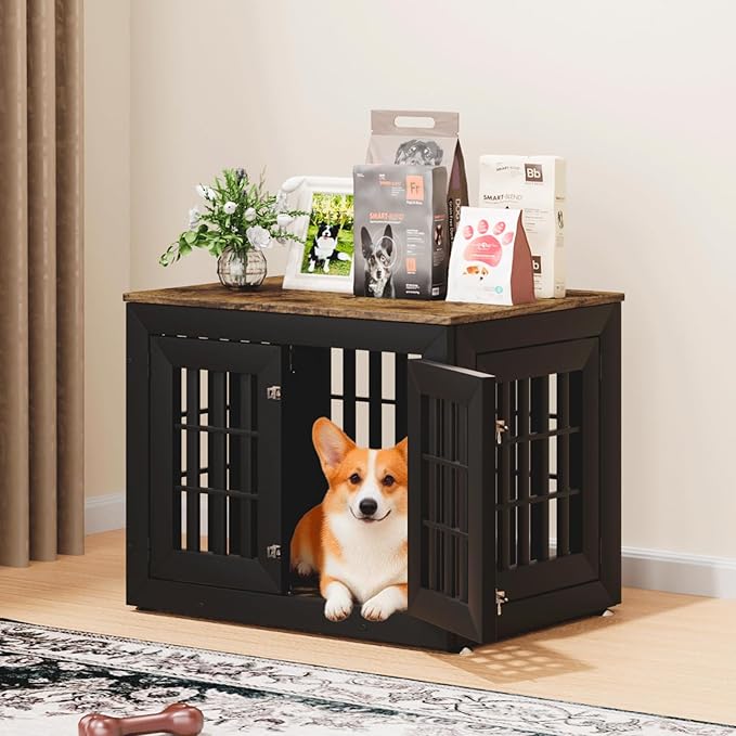 32" Heavy Duty Dog Crate Furniture for Small,Medium and Large Dogs,Rustic Wooden Dog Cage Kennel Indoor Furniture with Waterproof Top,Decorative Pet House Side End Table (Black & Wood)