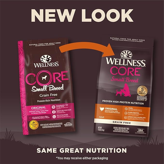 Wellness CORE Small Breed Adult Dry Dog Food, Grain Free Kibble, Natural, High Protein, Turkey and Chicken Recipe, 4 lb Bag