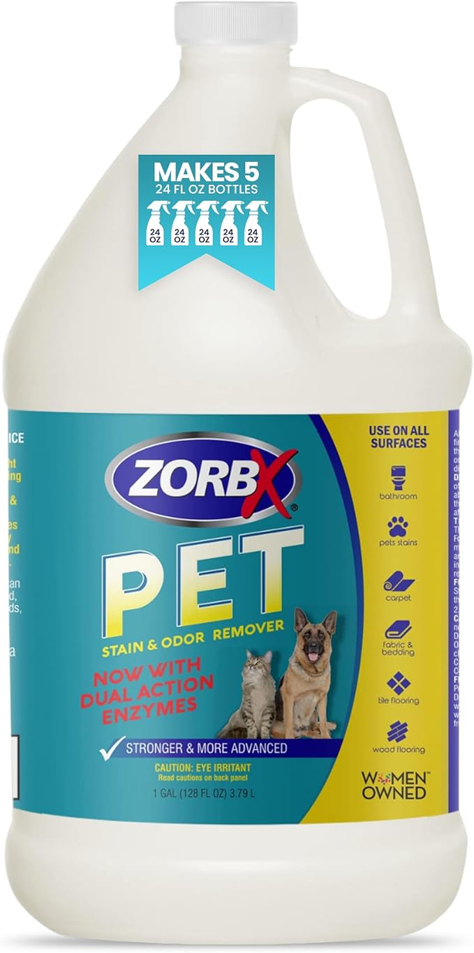ZORBX Pet Stain and Odor Remover 128 FL Oz - Dual Action Pet Odor Solution for Carpet, Furniture, Dog & Cat Urine