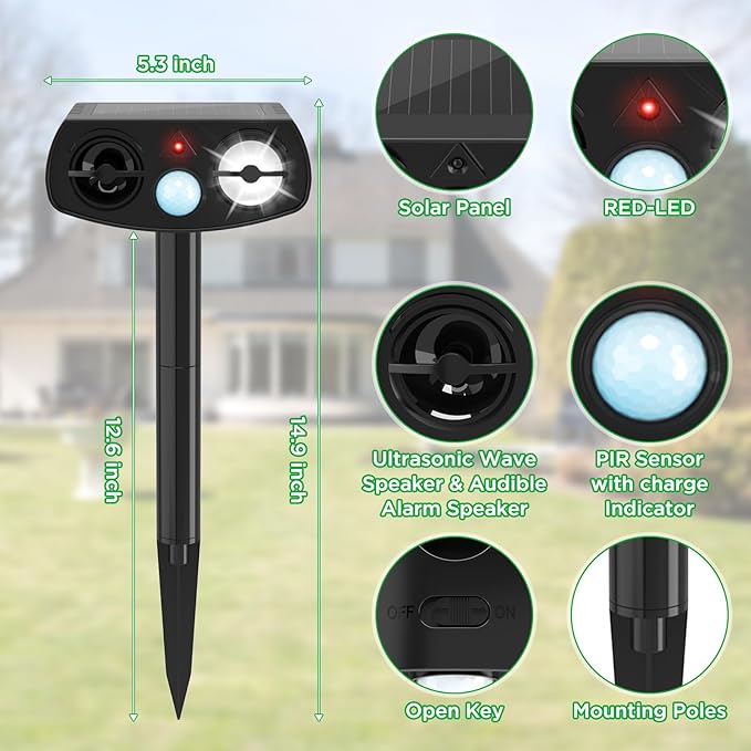 Solar Powered Animal Repeller, Ultrasonic Pest Deterrent with LED Strobe Light, Green, Motion Sensor, 14.8 Inch Stake, for Yard Garden 2 Packs