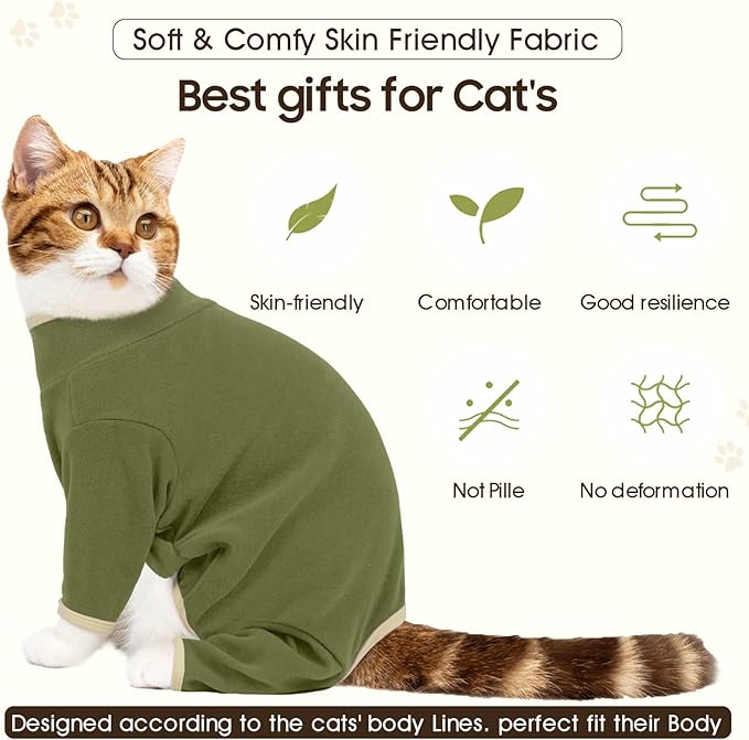 DENTRUN Cat Clothes for Hair Control with Hair Sticky Fabric - Soft Recovery Suit & Breathable Lint-Resistant Cat Sweater for Cats Only, Kitten Onesie Pajamas, XS, Army Green