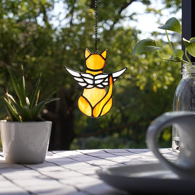 BOXCASA Angel Cat Memorial Gifts for Women,Stained Glass Window Hanging Decorations,Angel Wings Orange Cat Suncatcher Decor,Pet Memorial Sympathy Gifts Decoration