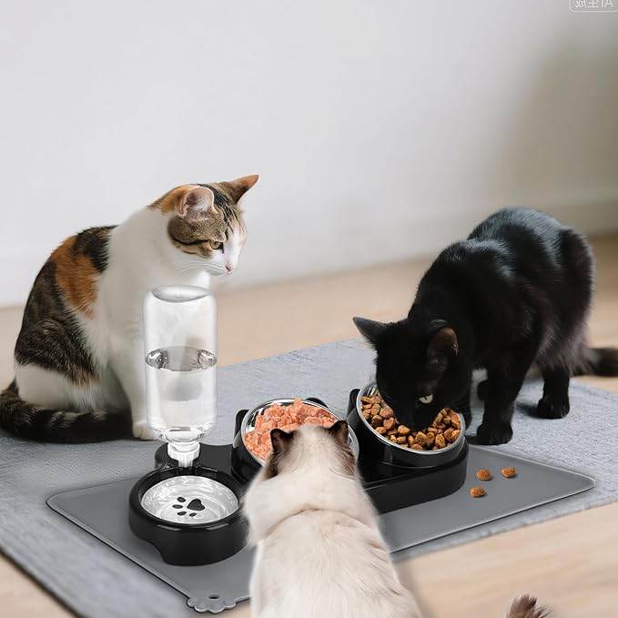 Cat Food and Water Bowl Set, Stainless Steel Raised Cat Bowls with Automatic Water Bottle & Waterproof Mat for Cats/Puppies, 3 in 1 Pet Feeding Station for Wet/Dry Food, Black