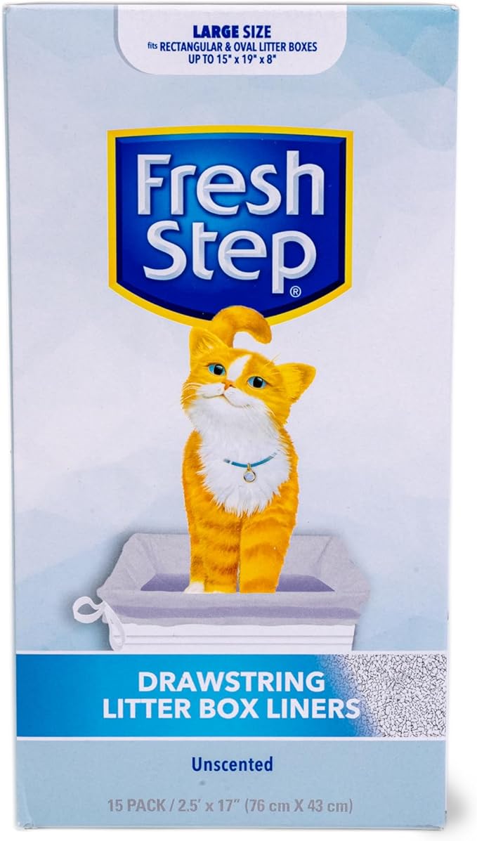 Fresh Step Drawstring Cat Litter Box Liners, Unscented Heavy Duty Kitty Litter Bags for Large Oval or Rectangle Pans, Helps Contain Odor and Mess, Easy Lift Out Cleanup, 30 x 17 in, 15 Count - 12 Pack