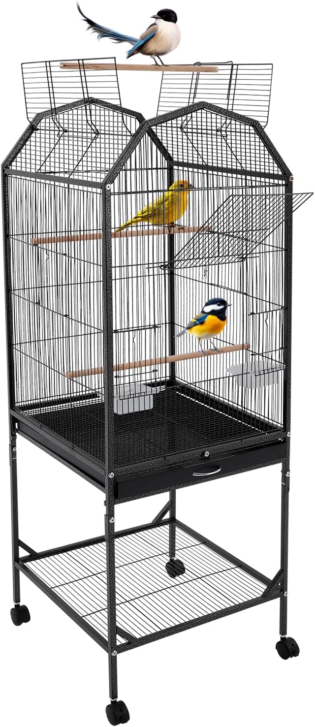 Large 46" Rolling Bird Cage for Mid-Sized Parrots with Detachable Stand, 4 Universal Wheels & Removable Tray, Iron Birdcage for Cockatiels, Parakeets, Finches (Black)