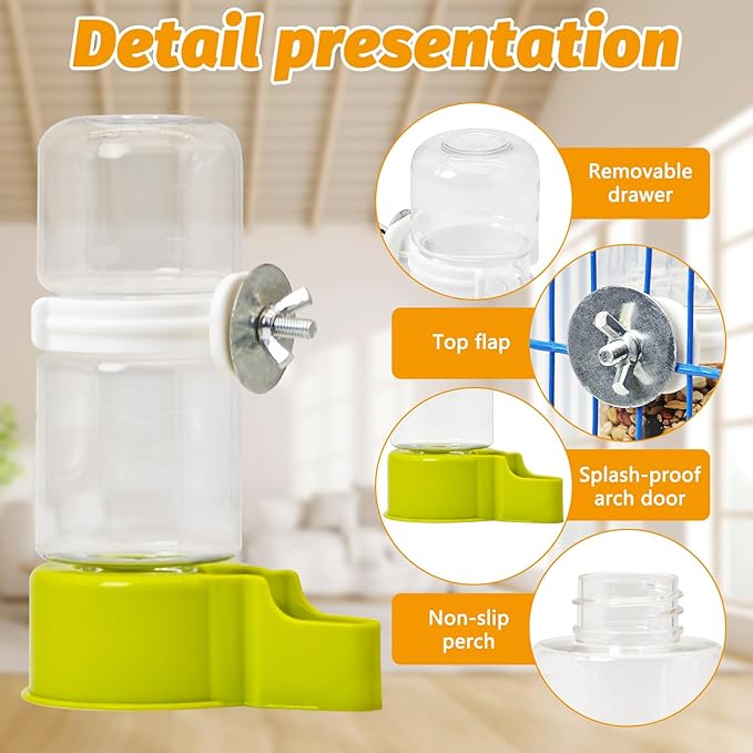 BNOSDM Automatic Bird Water Dispenser 2 Pcs No Mess Parrot Cage Water Feeder Drinker Suspended Bird Drinking Device Parakeet Cage Accessories for Budgies, Cockatiel, Conure, Canary, Finch (Green)