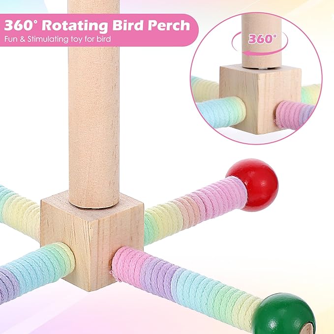 Rotating Parrot Perch Toy with Chew Ball - Bird Cage Accessories for Small and Medium Birds - Natural Wood and Cotton Rope Parakeet Toys and Accessories