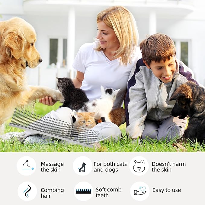 Professional Pet Steel Comb, Stainless Steel Dematting Com for Dogs and Cats, Long and Short Teeth for Removing Mats, Tangles, Knots