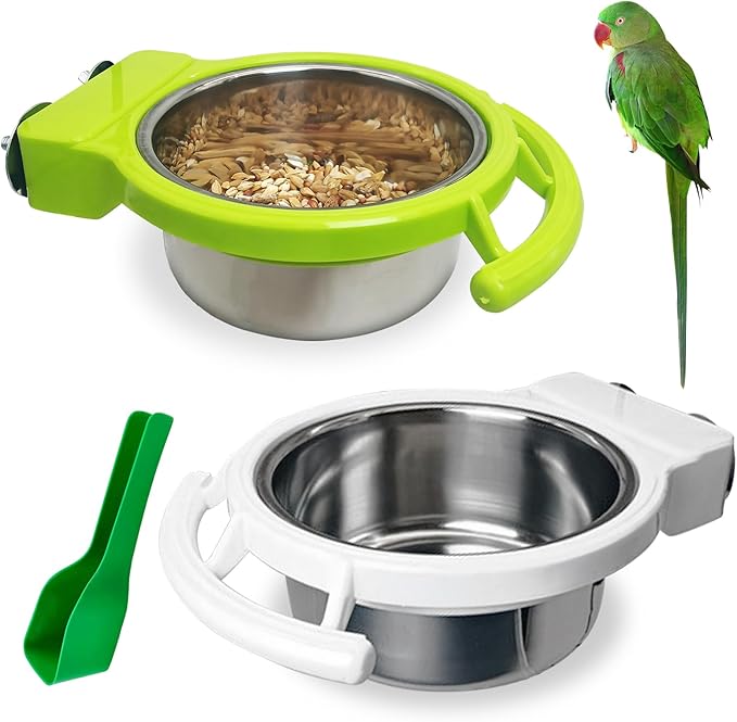 BNOSDM 2 PCS Bird Feeding Dish Cups with Perch Stand Hanging Stainless Steel Bird Bowls Food Container Food and Water Bowls with Spoon for Budgie Cockatoo Finch Lovebirds Pigeons (Green&White)