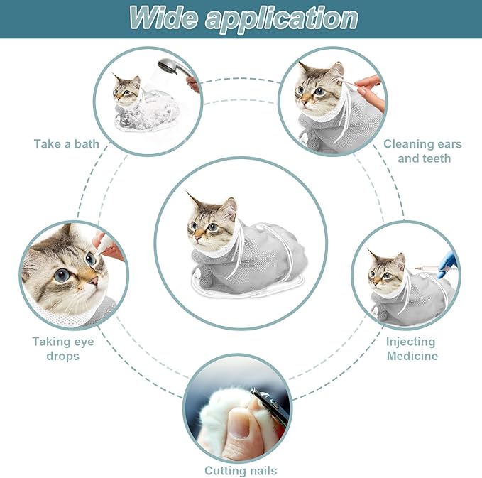 Cat Bathing Bag, Breathable Mesh Cat Shower Bag Anti Scratch Adjustable Grooming Bag for Nail Trimming Polyester Soft Washing Bag