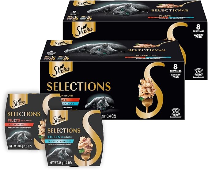 Sheba Selections Filets in Broth, Adult Cat Food Wet Recipe, Meal Complement, Wet Cat Food Variety Pack, Chicken Recipe and Chicken & Tuna Recipe, 1.3 oz. Cups, 8 Count (Pack of 2)