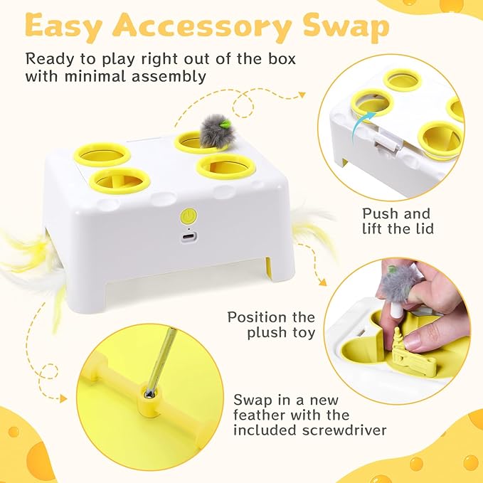 Interactive Cat Toy for Indoor Cats, 3 Modes Feathers Toy, Rechargeable 4 Holes Mole Cat Toys, Cheese Box for Kitten, 4 Accessories (White)