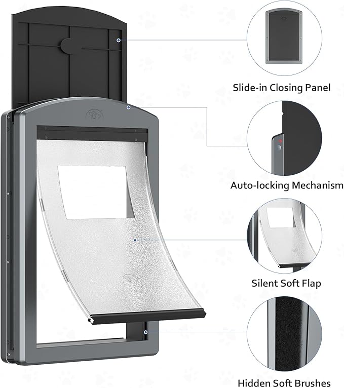 [Classicmacher] Dog Door for Large Dogs, Gray Frame Door for L arge Dogs, Strong Plastic Doggy Door and L arge Pets with Sliding Lock Panel and Magnetic Soft Flap (Large, Smoky Grey)