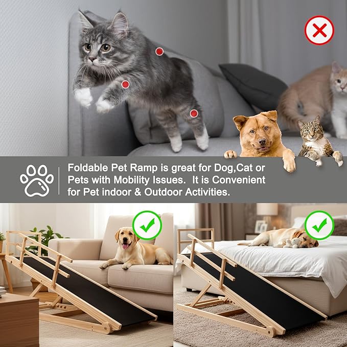 SLSY Dog Ramp for High Bed Couch, Folding Adjustable Pet Ramp with Non-Slip Rubber Mat, 62.9" Long, 5 Adjustable Heights 15.7''–31.4", Portable Step Supports Pets up to 250 lbs for Large Pet(Natural)