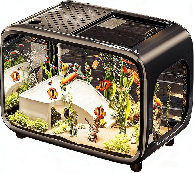 5 Gallon Fish Tank Kit with Air Pump, Climbing Frame, Fish Net, Food, Sea Salt, and Aquascaping for Betta, Small Fish, and Turtles - Ideal for Office and Home Decor