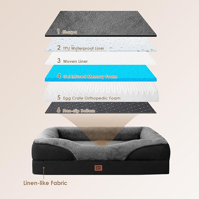 EHEYCIGA Orthopedic XL Dog Bed for Large Sized Dog, 42x30x7.5 Inch Extra Large Memory Foam Dog Couch Bed with Sides, Waterproof Liner & Washable Removable Cover, Bolster Pet Sofa, Grey/Black