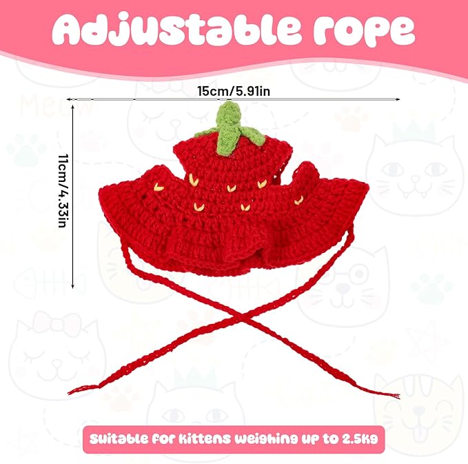 Strawberry Cat Hat, Cotton & Soft Cute Knitted Hats for Cats Strawberry Crochet Cat Hats for Cats Only Cute Puppy Hat for Small Pets on Christmas Birthday Party Halloween (Red, S)