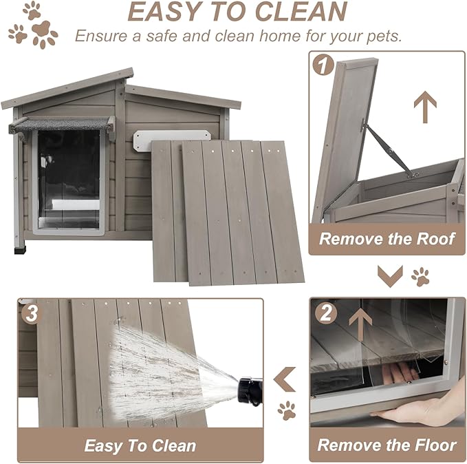 34" L Outdoor Dog House with Removable Floor, Raised Feet, Anti-Chewing Iron Frame – Weatherproof Wooden Kennel with Roof, Movable Window for Indoor/Outdoor Use, Ideal for Small to Medium Dogs