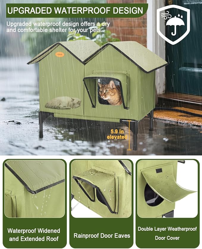 Heated Cat House for Outside Cats in Winter, Large Insulated Heated Outdoor Cat House Weatherproof with Elevated Base & Escape Door, Waterproof Cat Shelter for Multiple Cats Feral Stray Barn Kitty