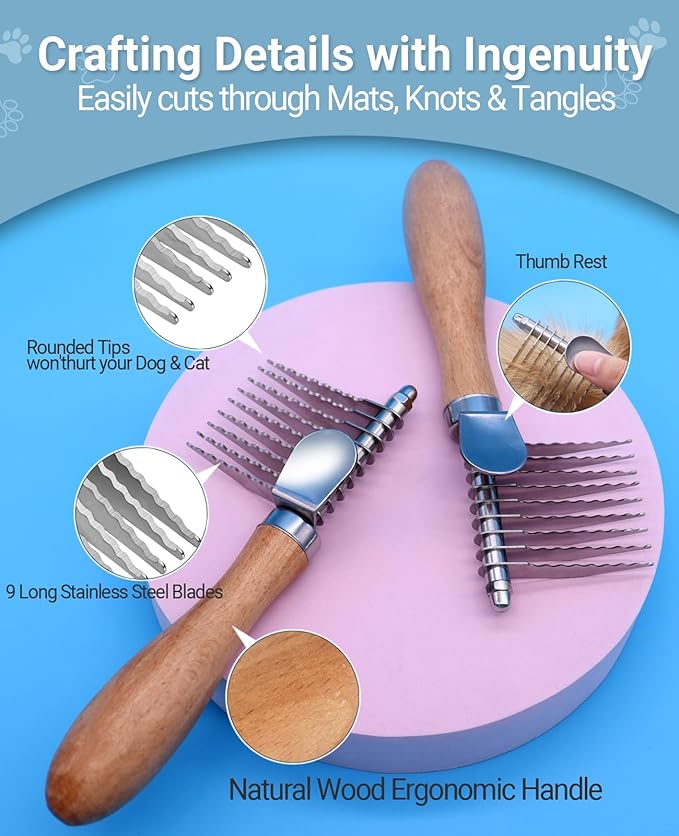 Dematting Comb for Dogs, Dematting Tool for Dogs & Cats - Serrated Matted Hair Removal Brush - Easily Remove Knots, Mats and Tangles - Designed for Wavy & Curly Coats