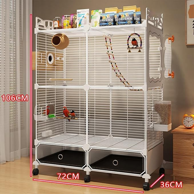 Large Parrot Cage with Acrylic Doors, 4 Casters, Perch & Feeder, Detachable Drawer, Ideal for Cockatiels, Budgies, Conures, Indoor/Outdoor Use – Spacious White Birdcage (White, 72 * 36 * 106cm)