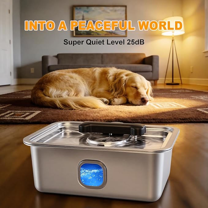 Large Water Fountain for Dog, 4Gallon Stainless Steel Pet Drinking Dispenser Automatic Fresh Flow Bowl Inside with Filter, 15L Extra Huge Refillable Water Dispenser Indoor