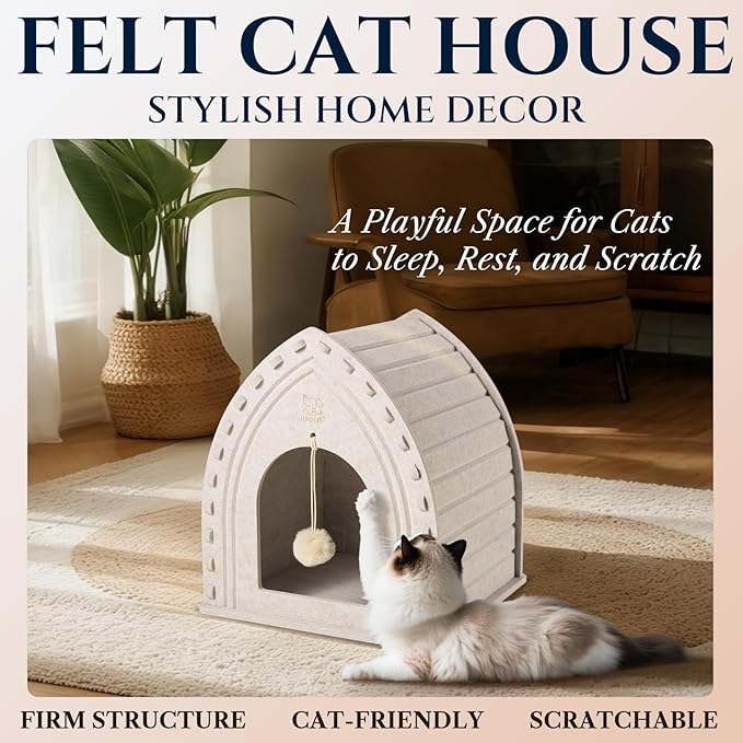 Apasiri Cat Houses for Indoor Cats: Cozy Indoor Pet Shelter with No-Tool Assembly, Thermal Enclosed Cathouse & Scratcher House for Anxious Kittens, 11.6x11.6x13.8 Inches