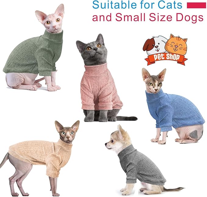 Idepet Sphynx Hairless Cats Sweater Shirt Kitten Soft Puppy Clothes Pullover Cute Cat Pajamas Jumpsuit Cotton Apparel Pet Winter Turtleneck for Cats and Teacup Chihuahua Small Dogs(Pink,XL)