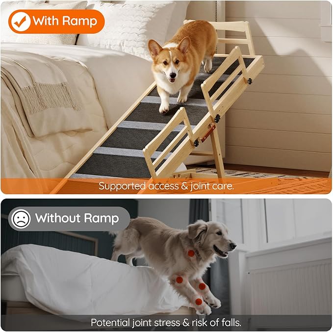 HOOBRO Dog Ramp for Bed, 47.2" Long Foldable Pet Ramp with Non-Slip Mat and Side Rails, Wooden Dog Ramp for High Beds, Couch and Car, 5 Height Adjustable from 15.6" to 25.2", Natural, NB42PT03