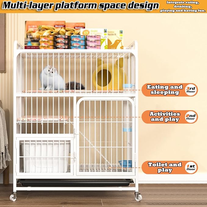 Multi-Tier Collapsible Cat Cage Crate, cat playpen for Indoor with 360° Wheels, Metal Wire Cat Kennel with Secure Lock, Large Ferret Playpen for Adult Cats Kitten Chinchilla (White 3-Tier)