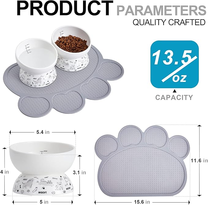 Ceramic Raised Cat Bowl Set | Elevated Food and Water Bowls for Cats and Small Dogs | 2 Pack Tilted With Anti-Slip Silicone Mat (Gray)
