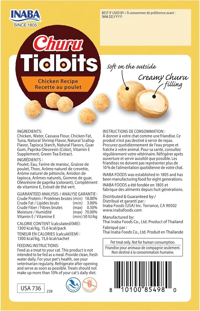 INABA Churu Tidbits for Cats, Soft & Chewy Churu Filled, Baked Chicken Cat Treats with Taurine & Green Tea Extract, 0.42oz per Pack, 8 Packs Total, Chicken Recipe