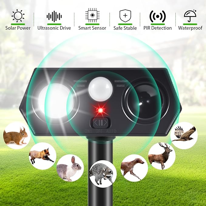 2026 Solar Ultrasonic Animal Repellent Outdoor, Deer Cat & Dog Deterrent, Motion Sensor Rabbit Squirrel Raccoon Skunk Repeller with LED Flash for Yard, Solar Scare Devices (4 Pack)