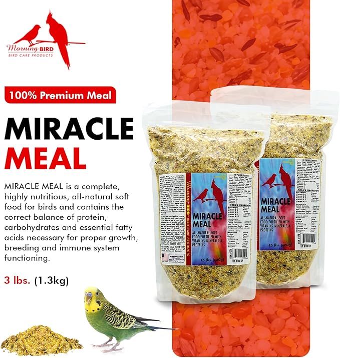 Morning Bird Miracle Meal 3 lbs (2-Pack, 1.5 lbs Each) – Vitamin Fortified Soft Bird Food for Birds - All-Natural No Artificial Dyes, Flavors or preservatives - Supports Feather Strength & Breeding