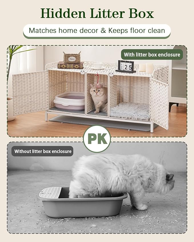 Cat Litter Box Enclosure for 2 Cats, Hidden Litter Box Furniture with Mat, Large Rattan Cat House with Double Room and Door, 47.3 L x 19.7 W x 24 H, 2 S-Shaped Hooks for Living Room White