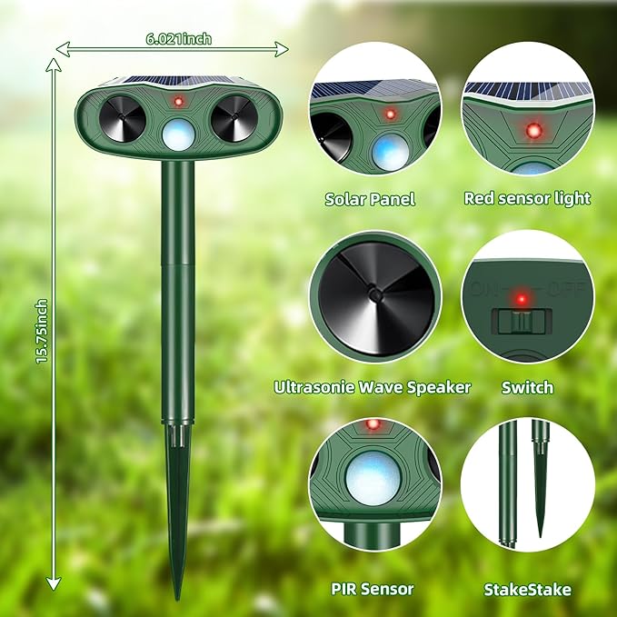 2025 Ultrasonic Animal Repellent Outdoor Deer Repellent Devices, 2Pack Solar Animal Repeller Motion Detection, Cat Repeller Outdoor to Scare Squirrel Dog Repellent Deterrent for Yard