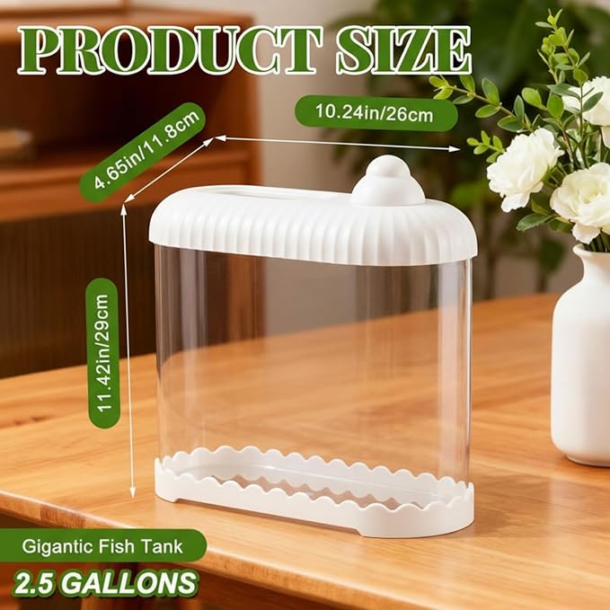 Geelin White 2.5 Gallon Plastic Aquaponic Betta Fish Tank Large Bowl Shatterproof Small Ecosystem Aquarium with Secure Buckle Lid, Clear Clarity for Terrarium, Flower Vase Betta Fish Tabletop Gifts