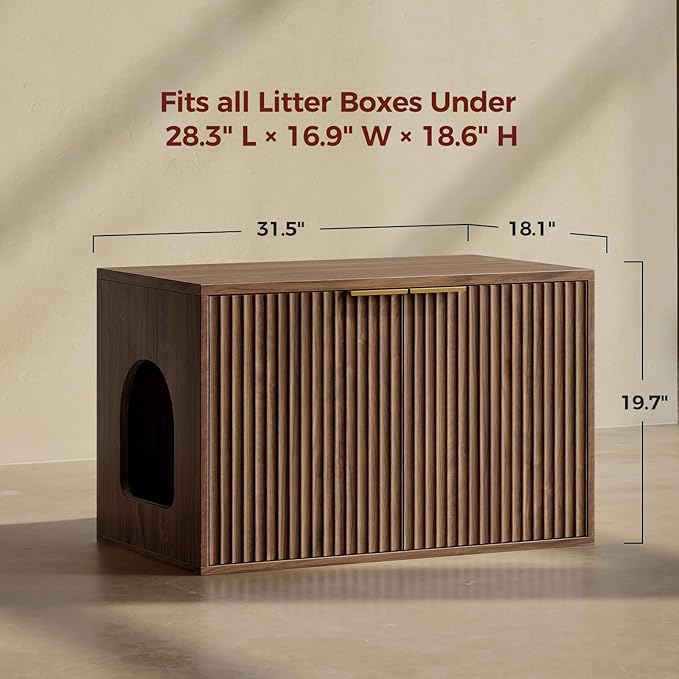 Evermagin 31.5" Walnut Cat Litter Box Enclosure Furniture, Large Hidden Litter Box Cabinet, Mid Century Modern Indoor Cat House Kitty End Table for Living Room, Entryway, Bedroom