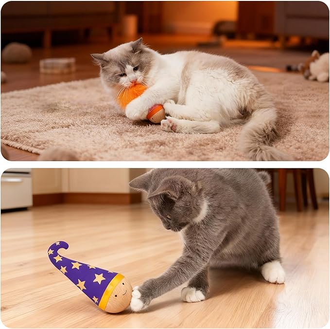 Lulu's world Cat Feather Toy, Catnip-Free Wooden Tumbler for Kittens & Indoor Cats, Interactive Wobble Starter Toy (Niuniu)