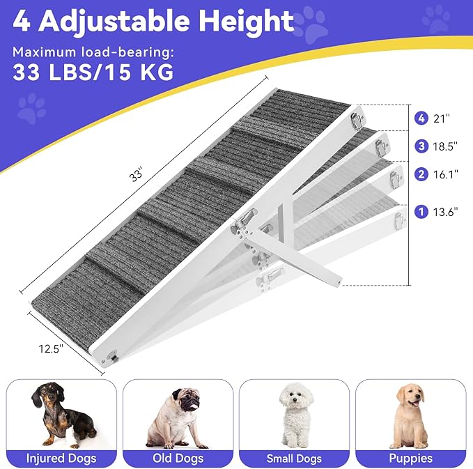 2026 Upgraded Dog Ramp for Couch, Foldable Small Dog Ramp for Sofa, 4 Adjustable Height from 13'' to 21", Portable Stable Pet Step with Non-Slip Pad, Pet Ramps Use for Couch Stairs, White