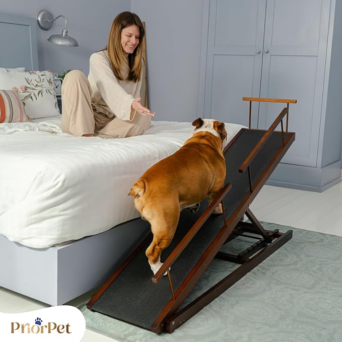 Dog ramp for Bed - PRIORPET Birchwood Adjustable Ramp for Dogs to Get on Bed: Dog ramps for High Beds up to 37 Inches – Foldable Ramp, Anti-Slip Grip & Safety Rails, Small Dogs Up to 120lbs – Walnut