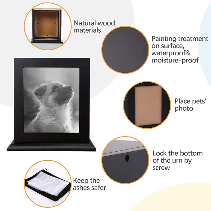 Pet Wood Memorial Urn for Ashes,Photo Frame Keepsake Box for Cats Dogs,Funerary Caskets Supplies Burly Wood Cremation Urns with Acrylic Glass Photo Protector for Pet Lovers